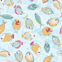 Seamless vector pattern with tropical marine fish. Multicolored, summer fish. pastel colors. The fish lies on ice cubes, a freezer, fresh. Cooking.