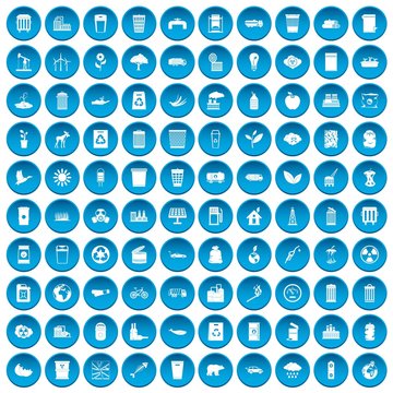 100 ecology icons set in blue circle isolated on white vector illustration