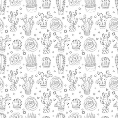 Seamless pattern with cacti and succulents
