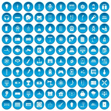 100 energy icons set in blue circle isolated on white vector illustration