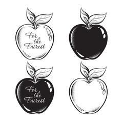 Apple of discord line art and dot work hand drawn set , ancient greek mythology, gift to a goddesses For the Fairest. Boho sticker, print or blackwork flash tattoo art design vector illustration.
