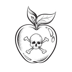 Poison apple line art and dot work hand drawn vector illustration. Boho style sticker, patch, print or blackwork flash tattoo design.