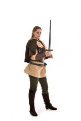 full length portrait of girl wearing brown medieval costume,. standing pose, isolated on white studio background.