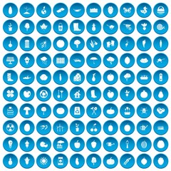 100 garden icons set in blue circle isolated on white vector illustration