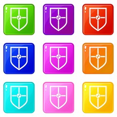 Shield for fight icons of 9 color set isolated vector illustration