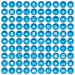 100 globe icons set in blue circle isolated on white vector illustration