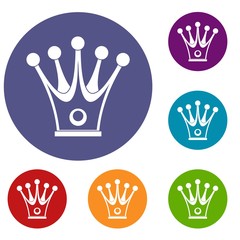 Crown icons set in flat circle red, blue and green color for web