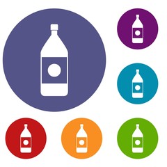 Water bottle icons set in flat circle red, blue and green color for web