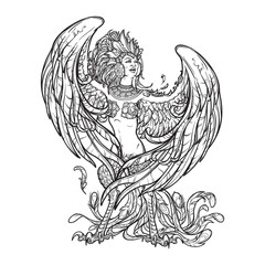 Sirin - half-woman half-bird in Russian myths and fairy tales. Singing and laughing. Intricate linear drawing isolated on white background. Tattoo design. EPS10 vector drawing.