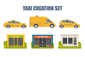 Taxi creation set with different type of machine yellow cab