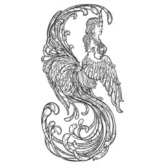 Gamayun - half-woman half-bird prophetic creature in Russian myths and fairy tales. Intricate linear drawing isolated on white background. Tattoo design. EPS10 vector drawing.