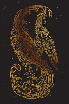 Gamayun - half-woman half-bird prophetic creature in Russian myths and fairy tales. Intricate linear drawing isolated on black background with golden stars. Tattoo design. EPS10 vector drawing.