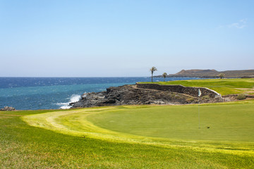 Green golf course and atlantic ocean waves in luxurious beachfront hotel resort. Green grass field, palm trees, blue sky and ocean