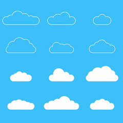 Clouds icon set. Different cloud shapes isolated on the blue sky background. Vector illustration.