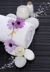 Spa setting with candle, rolled towel , Magnolia , salt, stoneson on mat