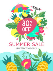 Summer sale. Bright colorful advertising poster. Cheerful Toucan, tropical leaves and fruit. Illustration in cartoon style.