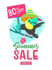 Summer sale. Bright colorful advertising poster. Cheerful Toucan, tropical leaves and fruit. Illustration in cartoon style.