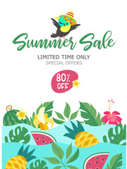 Summer sale. Bright colorful advertising poster. Cheerful Toucan, tropical leaves and fruit. Illustration in cartoon style.