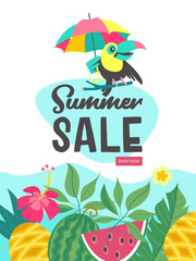 Summer sale. Bright colorful advertising poster. Cheerful Toucan, tropical leaves and fruit. Illustration in cartoon style.