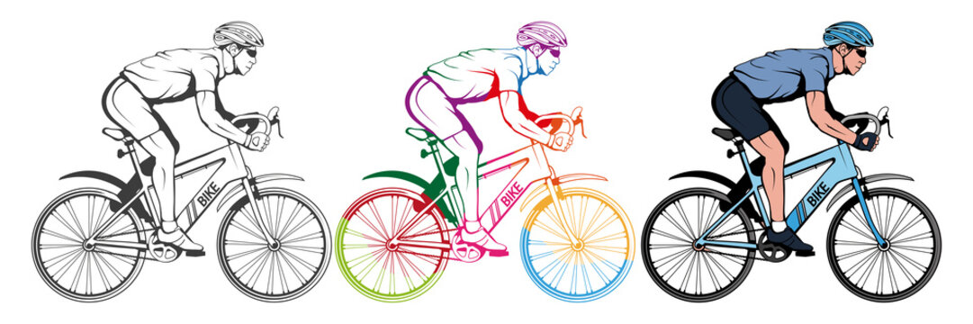 Set of various cycling elements. Cyclist on a bicycle. Sports bike. Bicycle helmet. Man riding a bike. Vector graphics to design.