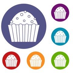 Cup cake icons set in flat circle red, blue and green color for web