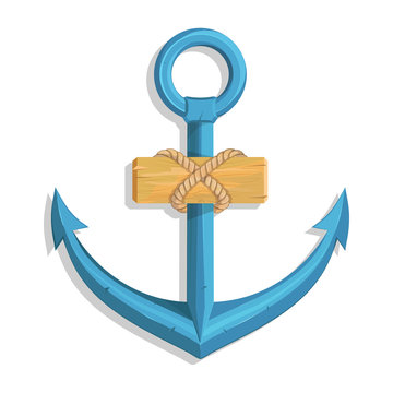 Anchor for marine design. Illustration of a ship's anchor with a rope and ship. Vector graphics to design.