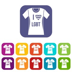 T-shirt i love LGBT icons set vector illustration in flat style in colors red, blue, green, and other