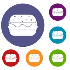 Hamburger icons set in flat circle red, blue and green color for web