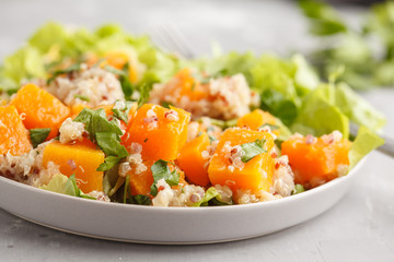 Healthy quinoa salad with roasted pumpkin and greens, macro. Superfood and clean eating concept.