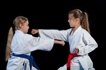 Karate martial Arts Two little girls demonstrate martial arts working together.