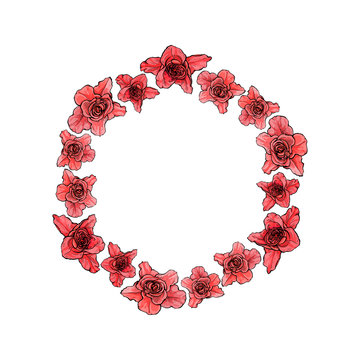Round rose frame for greeting card or text, vector illustration.
