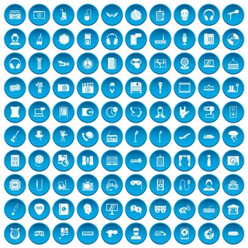 100 microphone icons set in blue circle isolated on white vector illustration