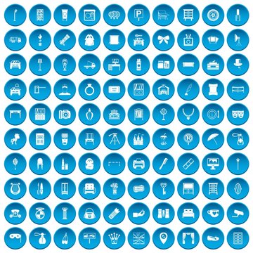 100 mirror icons set in blue circle isolated on white vector illustration