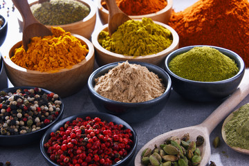 Variety of spices on kitchen table
