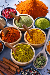 Variety of spices on kitchen table
