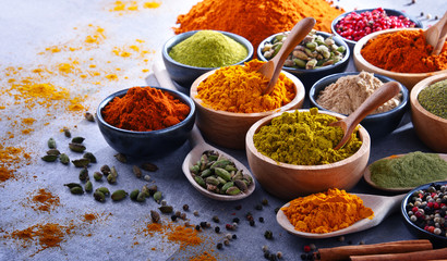 Variety of spices on kitchen table