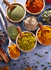 Variety of spices on kitchen table
