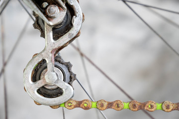 close up rusty old metal rear derailleur on rear wheel of vintage bicycle shutterstock - obrazy, fototapety, plakaty