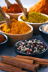 Variety of spices on kitchen table