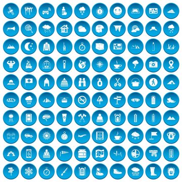 100 mountaineering icons set in blue circle isolated on white vector illustration