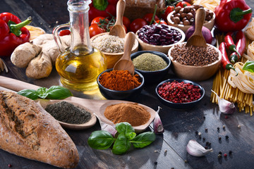 Composition with assorted organic food products on the table