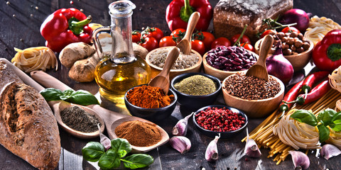 Composition with assorted organic food products on the table