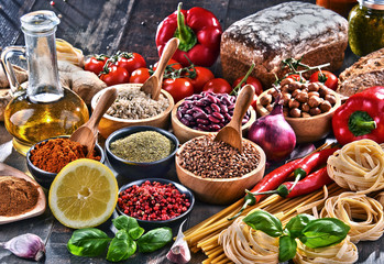 Composition with assorted organic food products on the table