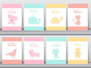 Fototapeta na wymiar Set of baby shower invitations on paper cards, poster, greeting, template, animals,whale,birds,cats,bear, Vector illustrations