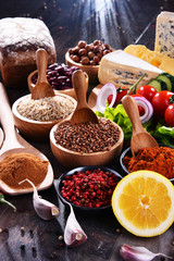 Composition with assorted organic food products on the table