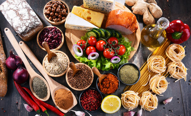 Composition with assorted organic food products on the table