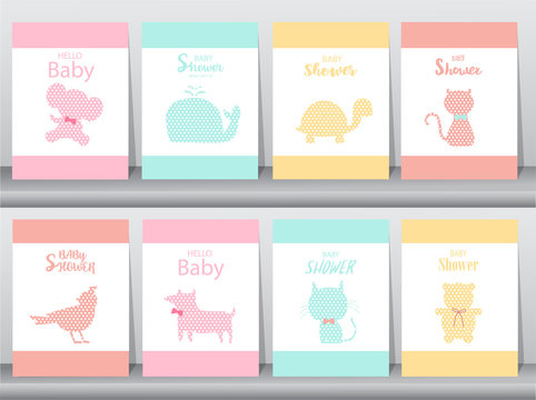 
Set of baby shower invitations on paper cards, poster, greeting, template, animals,whale,birds,cats,bear, Vector illustrations