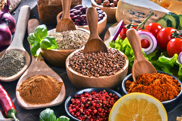Composition with assorted organic food products on the table