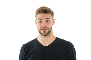 Obraz premium I did not expect that. Man with bristle surprised face isolated white background. Pleasant surprise concept. Man with beard unshaven guy looks handsome good mood. Guy happy surprised