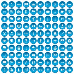 100 national flag icons set in blue circle isolated on white vector illustration